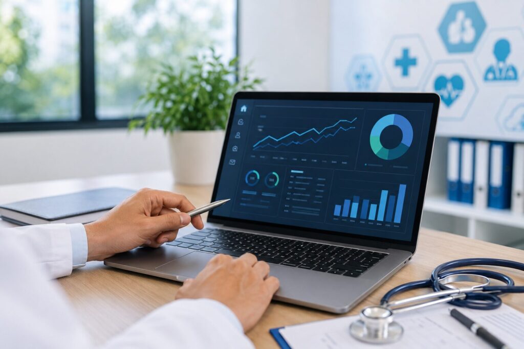 Doctor reviewing healthcare SEO analytics dashboard on laptop in a modern medical office workspace.