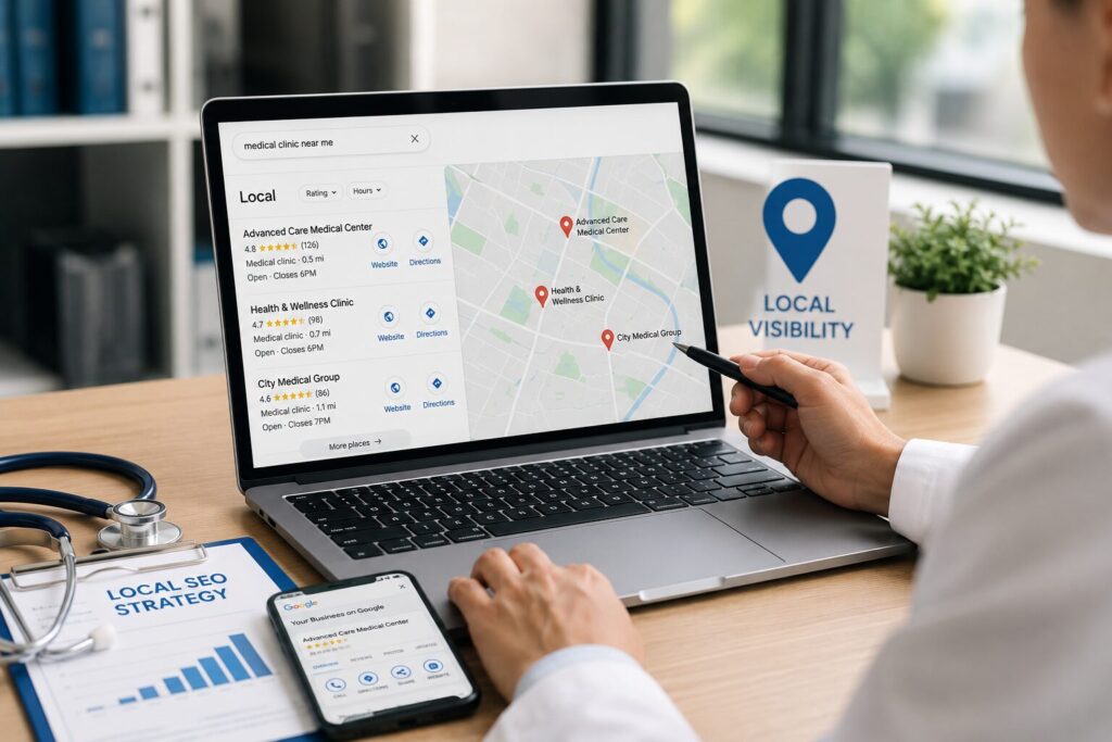 Healthcare professional reviewing Google Maps local SEO rankings and clinic visibility on laptop and smartphone.