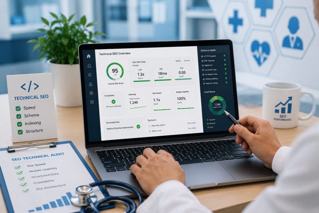 Healthcare SEO specialist reviewing technical SEO analytics and website performance dashboard on laptop.