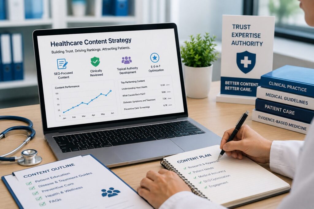 Healthcare content specialist planning SEO-focused medical content strategy on laptop in a professional office.