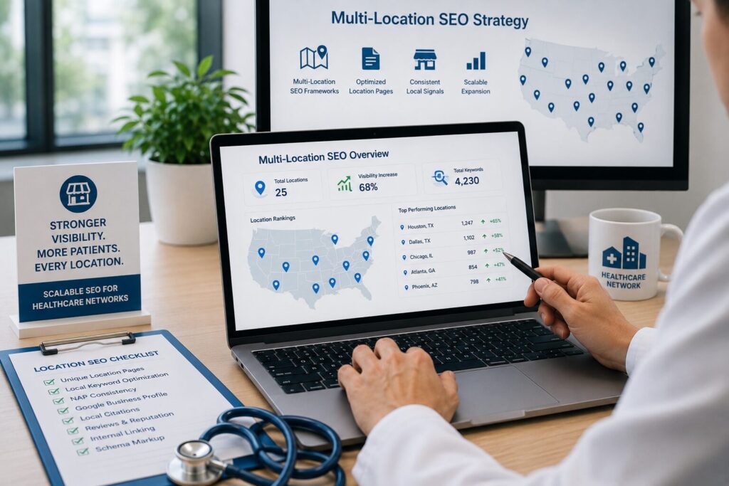 Healthcare SEO specialist analyzing multi-location clinic rankings and local SEO performance on digital dashboard.