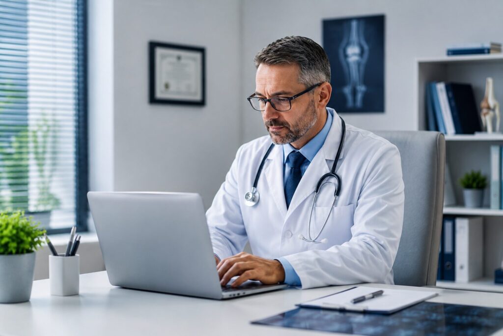 Doctor working on a laptop in a modern medical office, representing AI search optimization and healthcare digital visibility.