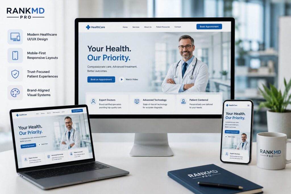 Healthcare professional reviewing a modern responsive medical website design in a clean clinic office environment.