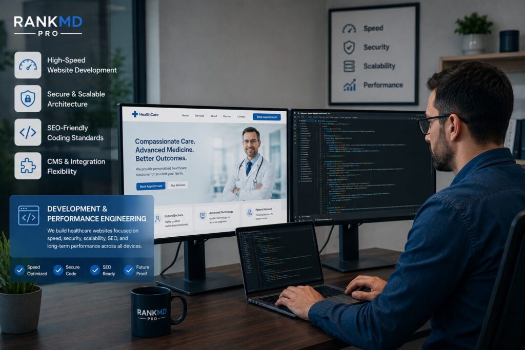 Developer-focused healthcare website interface displayed on modern devices in a professional medical office environment.
