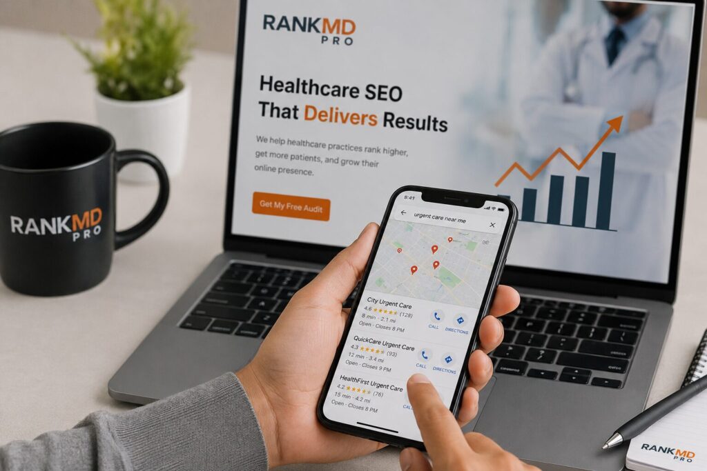 Hand holding smartphone showing urgent care near me Google Maps results while laptop displays RankMD Pro healthcare SEO service for clinic visibility improvement
