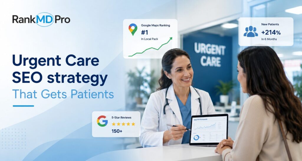 Healthcare professionals reviewing urgent care SEO performance dashboard for patient growth strategy by RankMD Pro