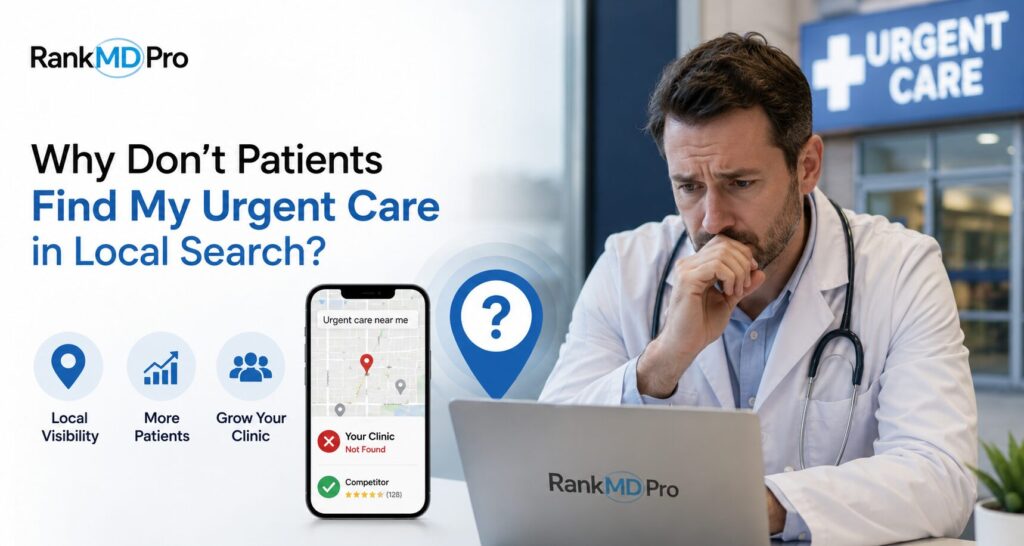 Doctor reviewing urgent care local SEO visibility and Google Maps rankings for patient growth by RankMD Pro
