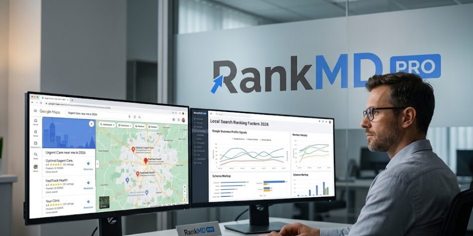 A healthcare SEO expert analyzing Google Maps 3-Pack rankings and data analytics for an urgent care center on high-resolution monitors.