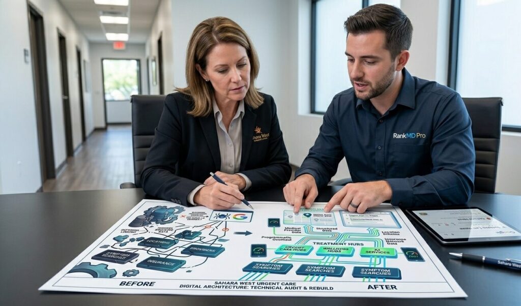 RankMD Pro digital marketing strategist presenting a technical healthcare SEO audit and treatment hub architecture rebuild blueprint to a medical clinic executive in a conference room.