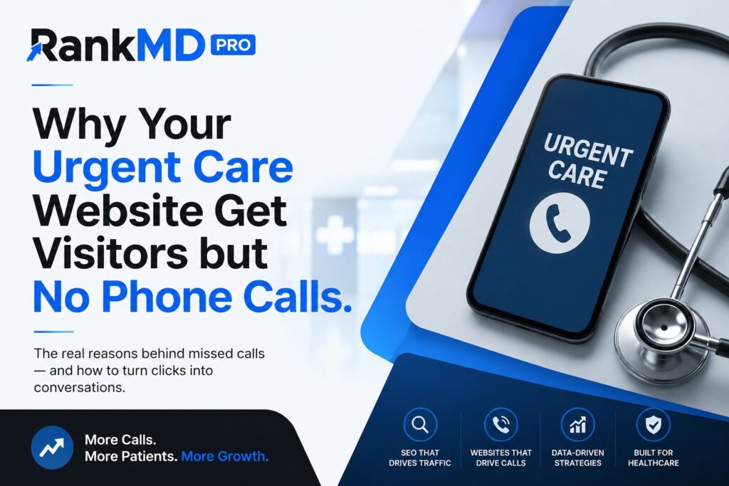 RankMD Pro healthcare marketing graphic showing the title "Why Your Urgent Care Website Gets Visitors but No Phone Calls" with a smartphone displaying an urgent care call icon and medical stethoscope on a blue and white background.