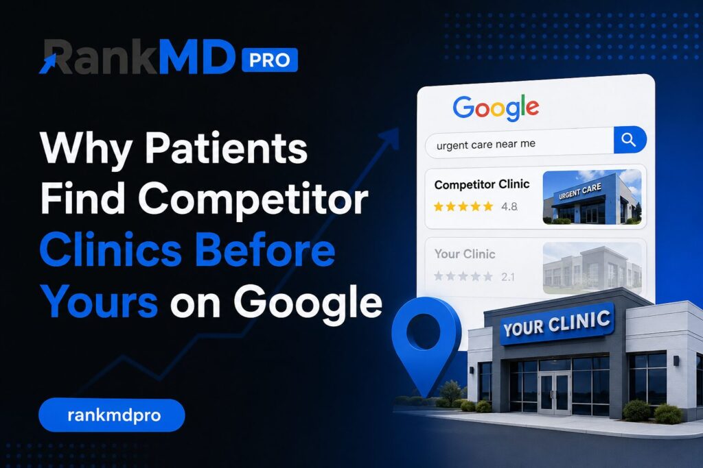RankMDPro graphic showing why competitor clinics rank higher on Google search results than your clinic, highlighting local SEO, reviews, and Google Business Profile optimization.
