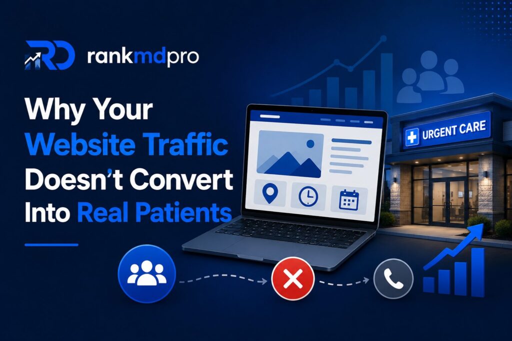 RankMDPro infographic showing why healthcare website traffic fails to convert into real patients, featuring website analytics, user journey indicators, an urgent care clinic, and patient conversion concepts.