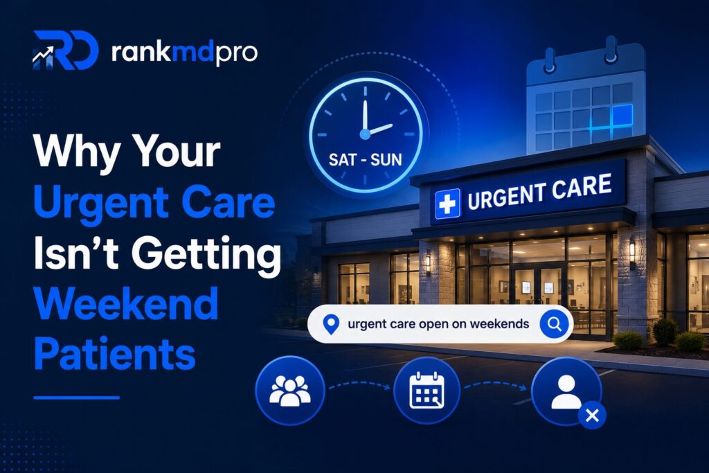 RankMDPro infographic showing why urgent care clinics miss weekend patients, featuring weekend search intent, clinic visibility, local SEO elements, and an urgent care facility open on Saturday and Sunday.