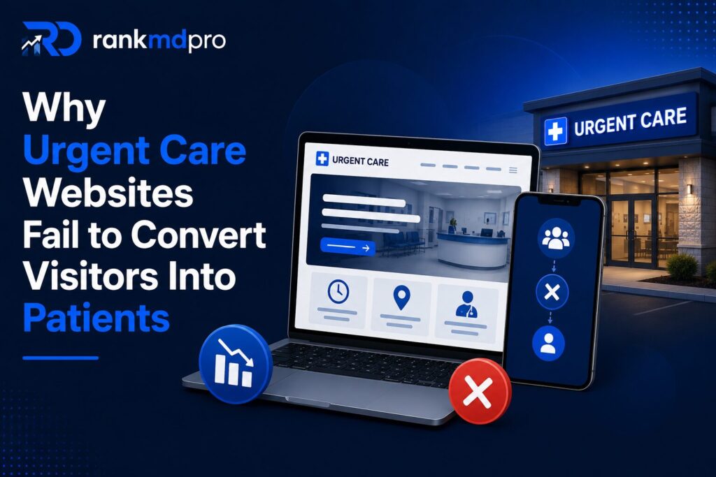 Laptop and mobile device displaying an urgent care website with declining conversion indicators, illustrating why urgent care websites fail to convert visitors into patients.