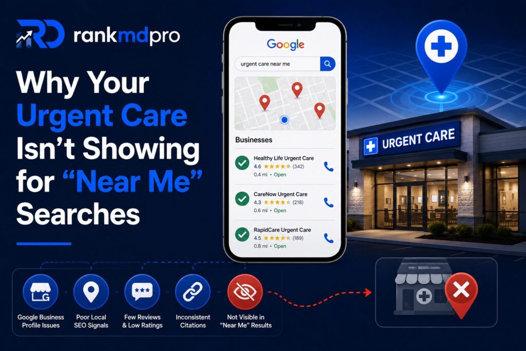 Illustration showing a smartphone with Google “urgent care near me” search results, an urgent care clinic building, map location pins, and local SEO issues such as Google Business Profile problems, low reviews, inconsistent citations, and weak local search visibility.