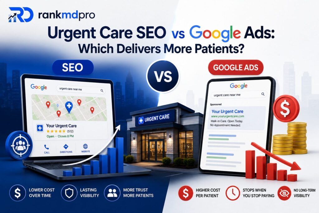 RankMDPro infographic comparing Urgent Care SEO and Google Ads, illustrating patient acquisition, local search visibility, website traffic, and long-term marketing ROI for healthcare clinics.