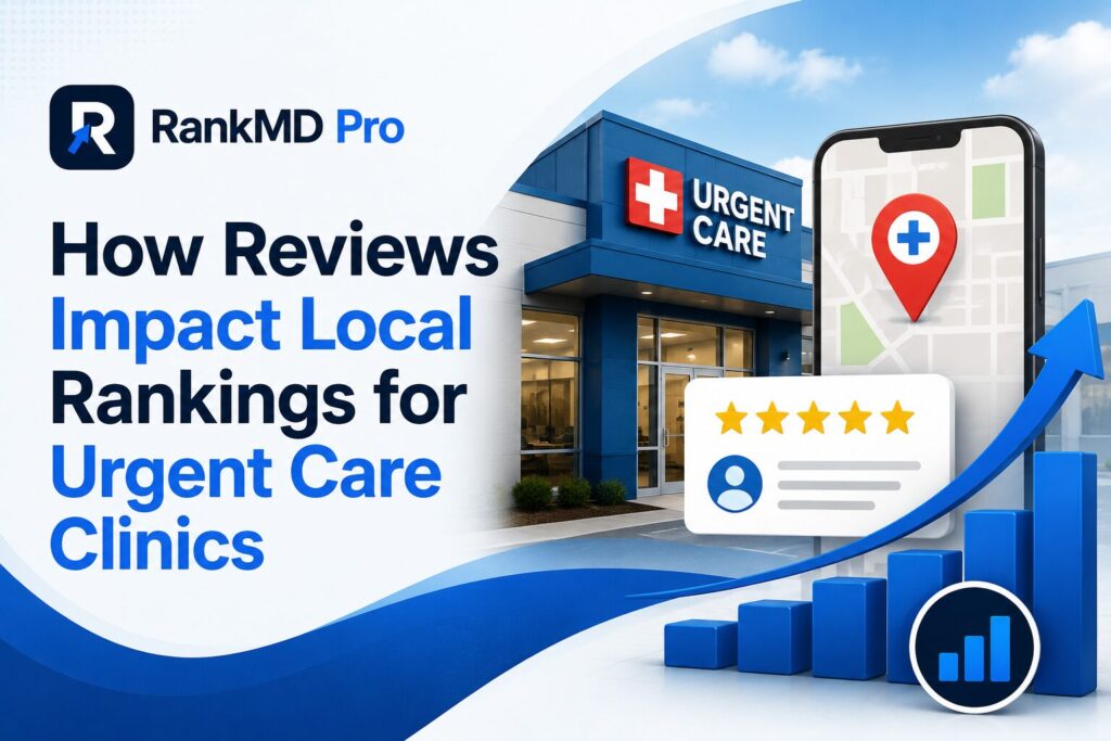 How reviews impact local rankings for urgent care clinics with Google reviews, local SEO, Google Maps, and RankMD Pro branding.