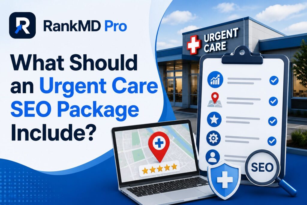 Illustration of an urgent care SEO package featuring local SEO, Google Business Profile optimization, reviews, technical SEO, and RankMD Pro branding.