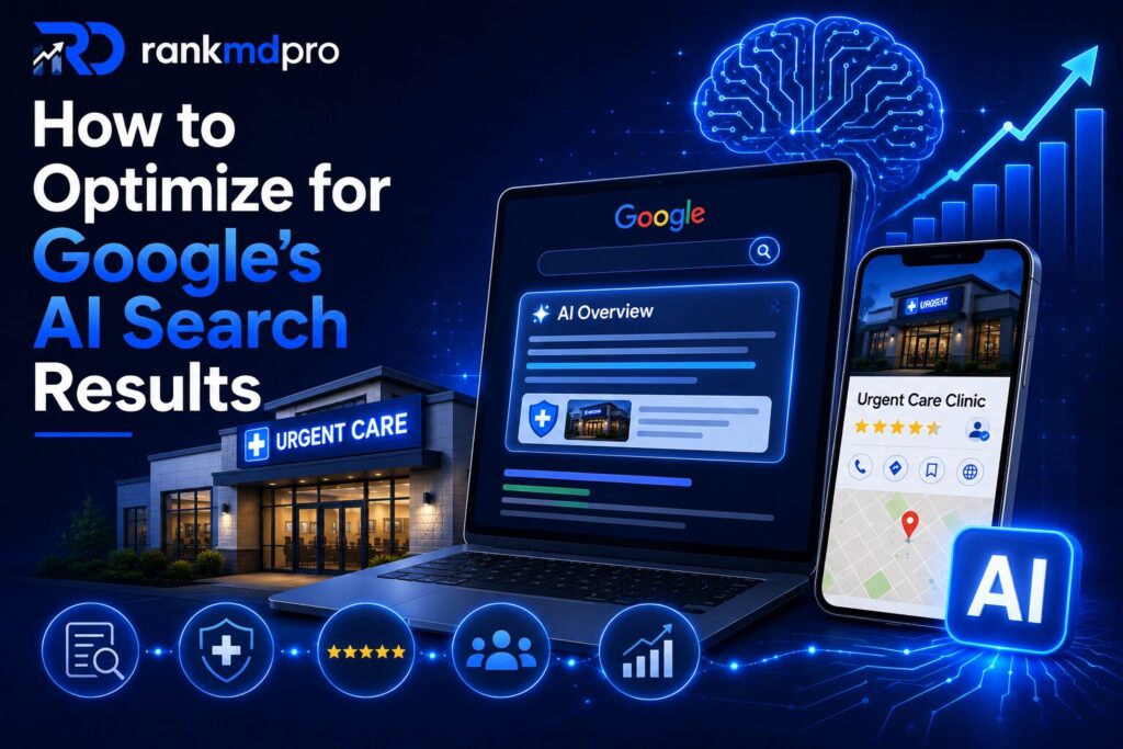 RankMDPro infographic illustrating how to optimize for Google's AI Search Results, featuring AI-powered search, healthcare SEO, an urgent care clinic, and AI Overview optimization concepts.