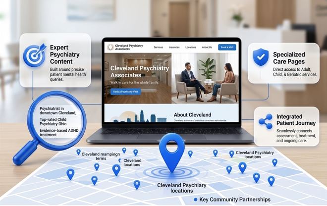A high-quality product rendering of a laptop in an office setting displaying the Cleveland Psychiatry Associates website with integrated strategy bubbles for Content, Care Pages, Patient Journey, and a localized map of locations