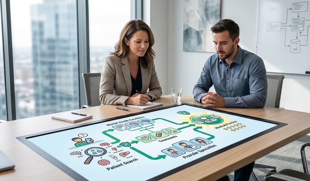 Two digital marketing professionals reviewing an infographic on a smart table displaying a patient search journey for mental health conditions, treatments, and provider specialties.