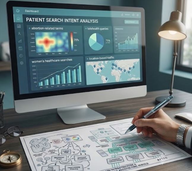 A realistic photograph of a digital marketer's desk featuring a computer monitor displaying an SEO analytics dashboard with patient search intent data, heatmaps, and charts for healthcare services, alongside a printed technical website architecture diagram being edited with a pen.