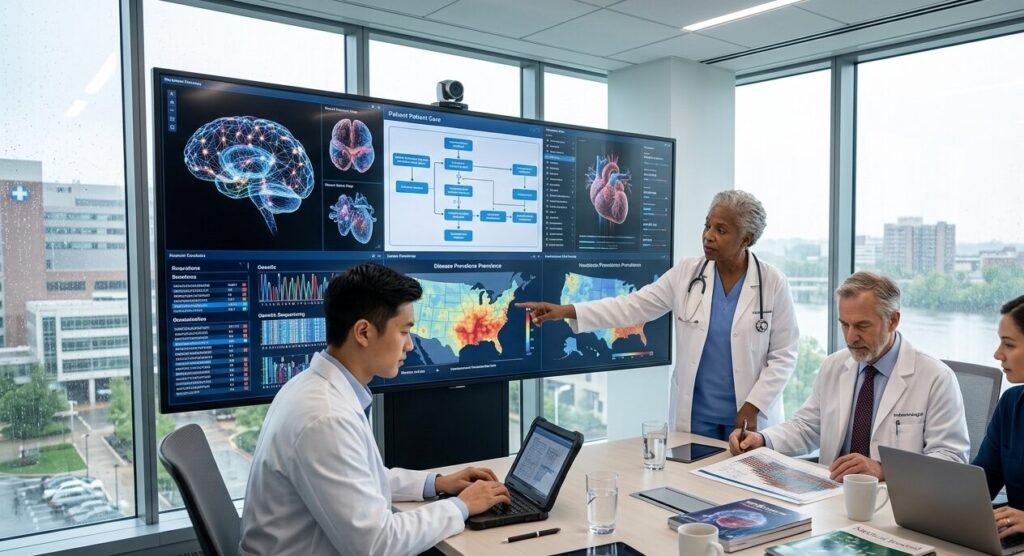 A diverse team of four medical doctors in a bright, modern hospital conference room collaborating over a large digital display showcasing complex patient data, brain scans, cardiovascular diagnostics, and heat maps.