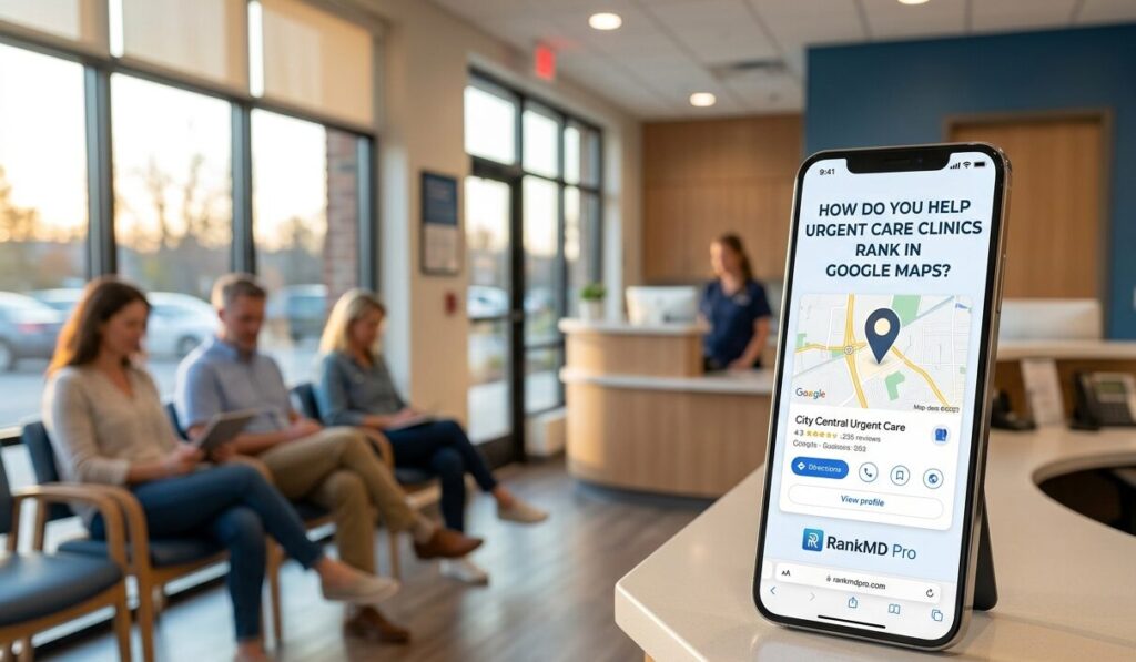 A smartphone resting on a modern clinic counter displaying a Google Maps local pack optimization for an urgent care center by RankMD Pro, with a blurred medical waiting room in the background.