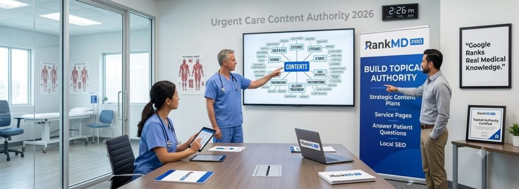 An infographic titled 'Building Topical Authority for Urgent Care SEO,' illustrating a central topic of Urgent Care broken down into content clusters like Cold and Flu, Stitches, and X-rays, with icons representing patient trust, Google rankings, and medical expertise (E-E-A-T).