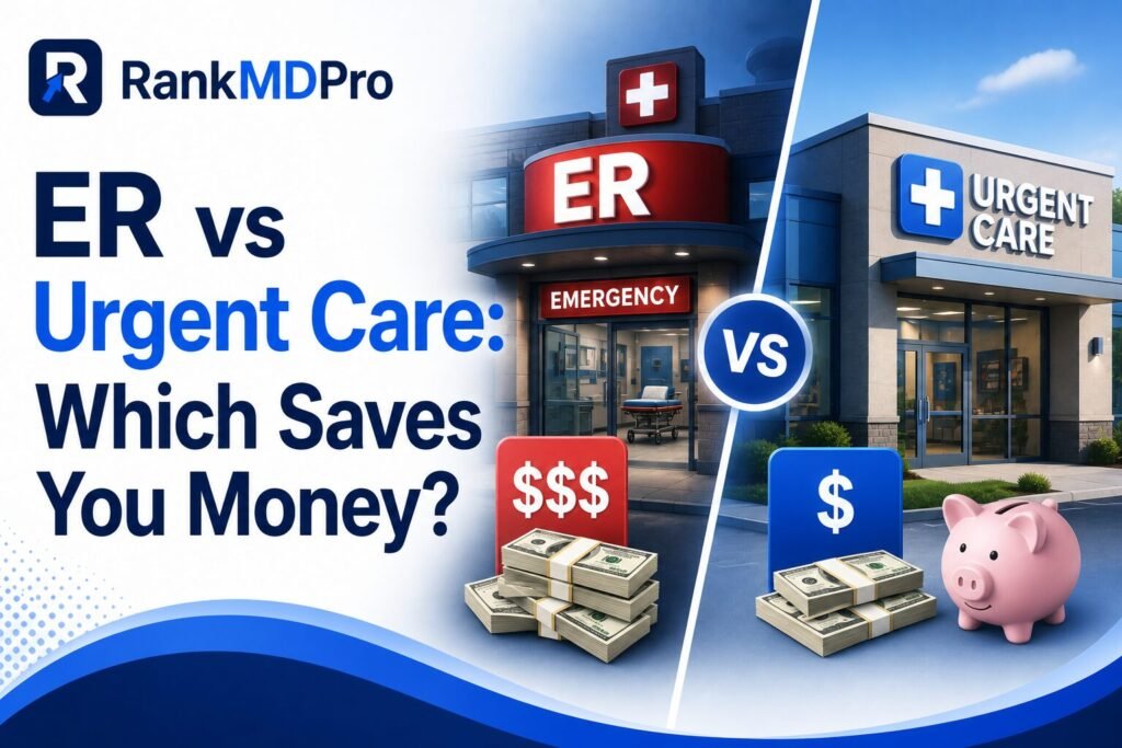 ER vs Urgent Care comparison graphic by RankMDPro showing emergency room and urgent care facilities with cost comparison, illustrating which healthcare option saves patients more money.