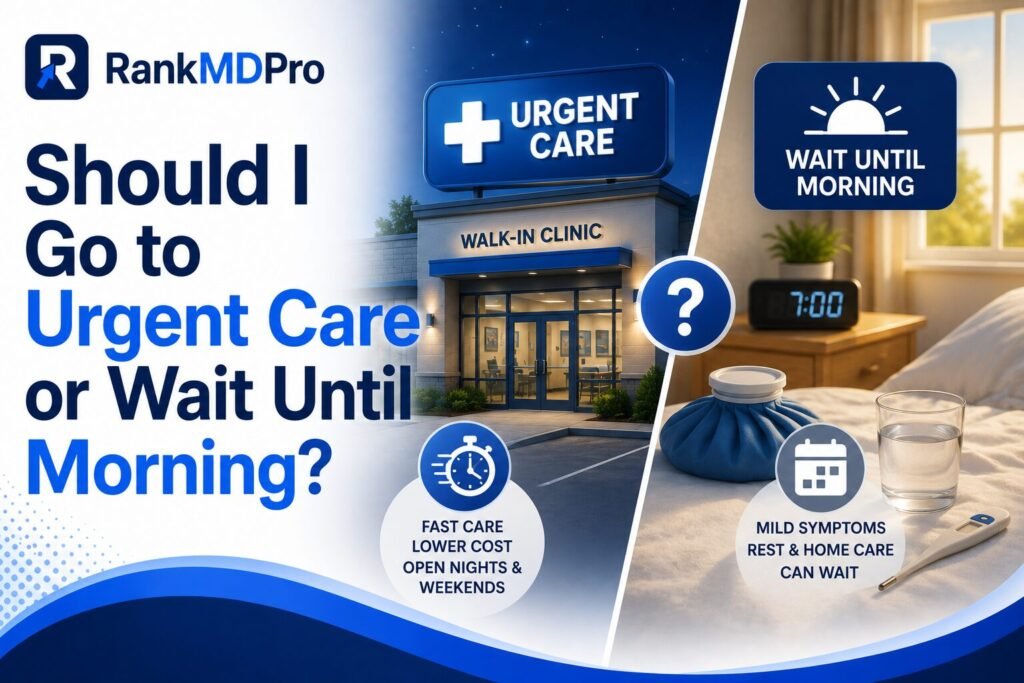 RankMDPro graphic comparing urgent care and waiting until morning, featuring a walk-in urgent care clinic and home care scene to help patients decide when same-day medical treatment is needed.