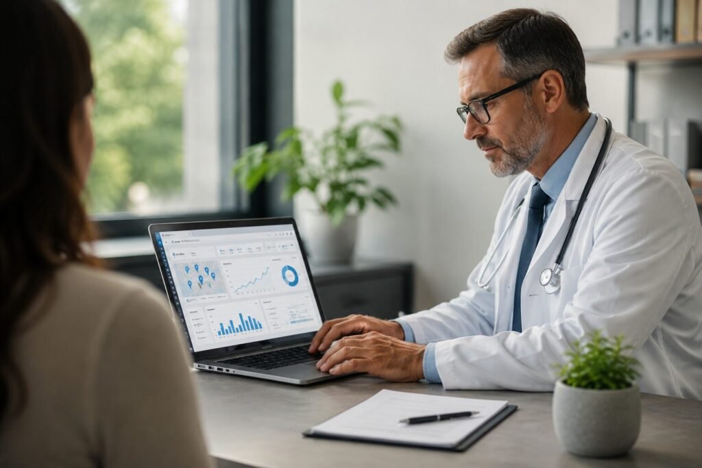 Doctor reviewing local healthcare SEO performance dashboard on a laptop to improve patient acquisition and online visibility.