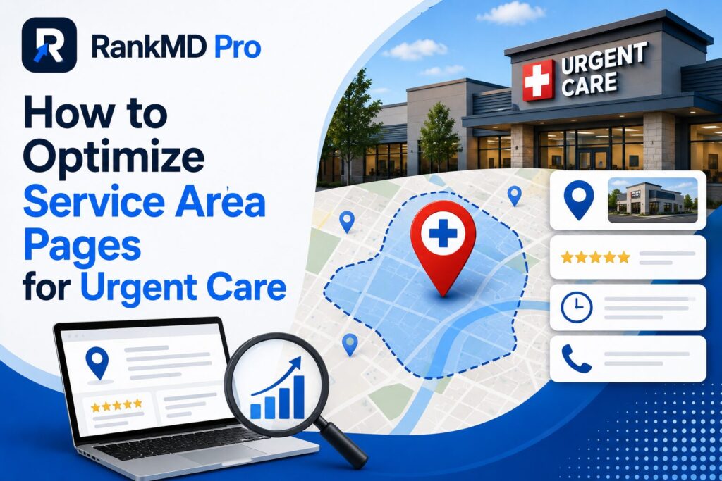 Illustration of service area page optimization for urgent care clinics featuring Google Maps, local SEO, location targeting, and RankMD Pro branding.
