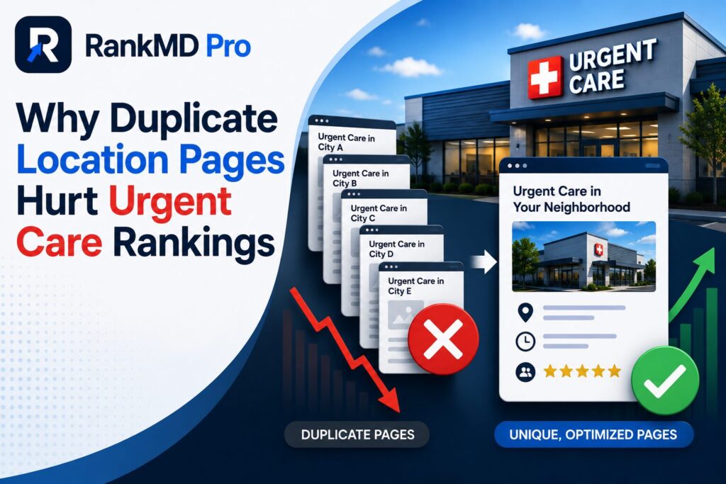 Illustration showing why duplicate location pages hurt urgent care rankings, featuring unique location pages, local SEO, Google Maps optimization, and RankMD Pro branding.