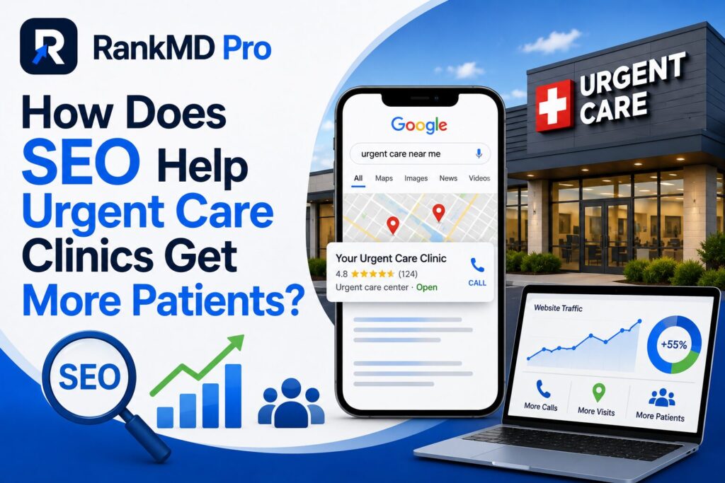 Illustration showing how SEO helps an urgent care clinic rank higher in Google search and Google Maps, increasing website traffic, phone calls, and patient appointments.