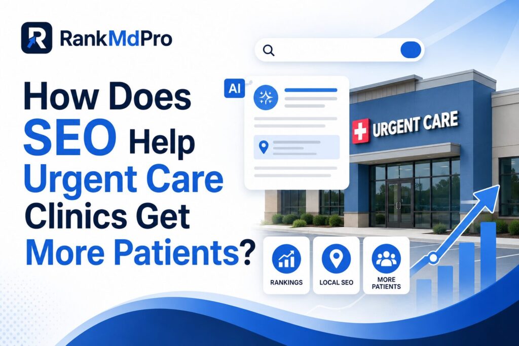 RankMDPro graphic illustrating how SEO and Google AI Mode help urgent care clinics attract more patients through improved local search visibility and rankings.
