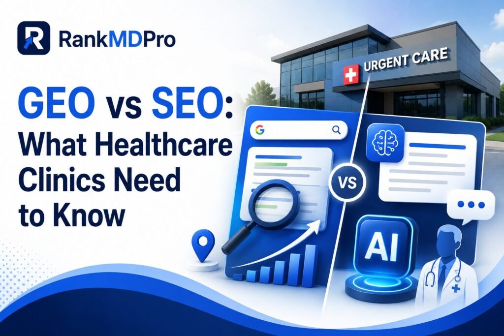 RankMDPro graphic illustrating GEO vs SEO for healthcare clinics, highlighting AI search, Google search optimization, local SEO, and digital marketing strategies for increased patient visibility.