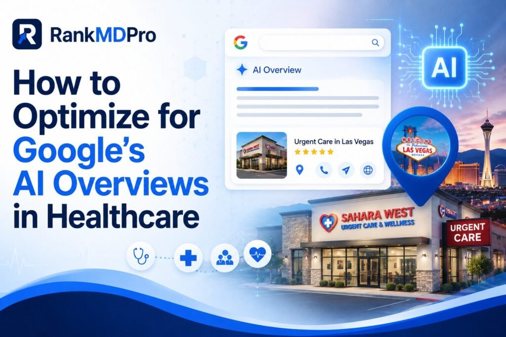 RankMDPro illustration showcasing Google's AI Overviews in healthcare, featuring AI-powered search, local SEO, healthcare marketing, and optimization strategies to improve online visibility and attract more patients.