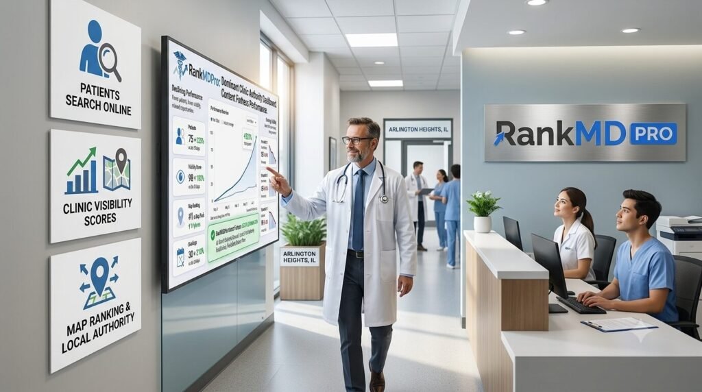 Image depicting a doctor pointing to a wall-mounted display showing RankMDPro's healthcare SEO analytics dashboard in a modern clinic in Arlington Heights, Illinois. The image highlights services like local SEO and patient acquisition.