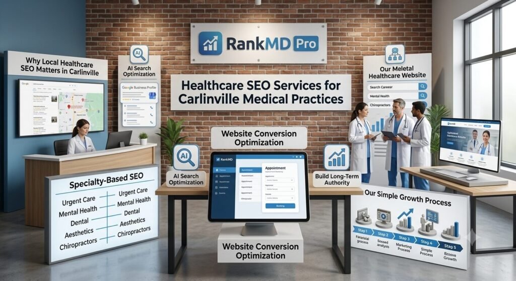 An infographic-style photo showing the RankMD Pro logo on a brick wall, surrounded by exhibits detailing healthcare SEO services like Local Visibility, AI Search Optimization, Specialty SEO, Website Conversion, and a Simple Growth Process, featuring doctors and a receptionist in an office setting.