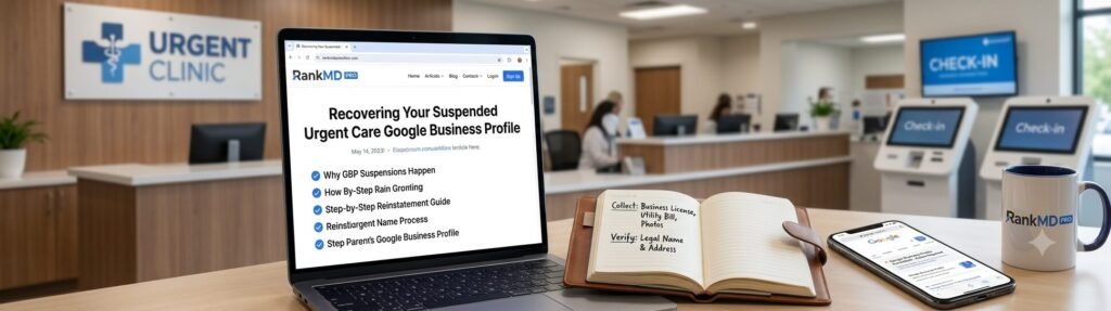 A realistic photo of a laptop on a desk in a modern urgent care clinic display screen showing RankMD Pro article on recovering suspended Google Business Profile, accompanied by a notebook, smartphone, and branded coffee mug.