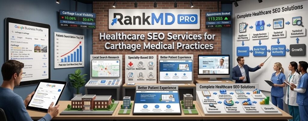 An infographic-style photo showing the RankMD Pro logo on a brick wall, surrounded by exhibits detailing healthcare SEO services like Local Visibility, Google Business Profile, Specialty SEO, and a Simple Growth Process, featuring medical professionals in an office setting.