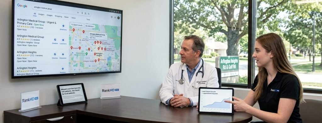 A Rank MD Pro SEO strategist presenting local Google Search map rankings and growth charts on a tablet to a doctor in an Arlington Heights medical office.