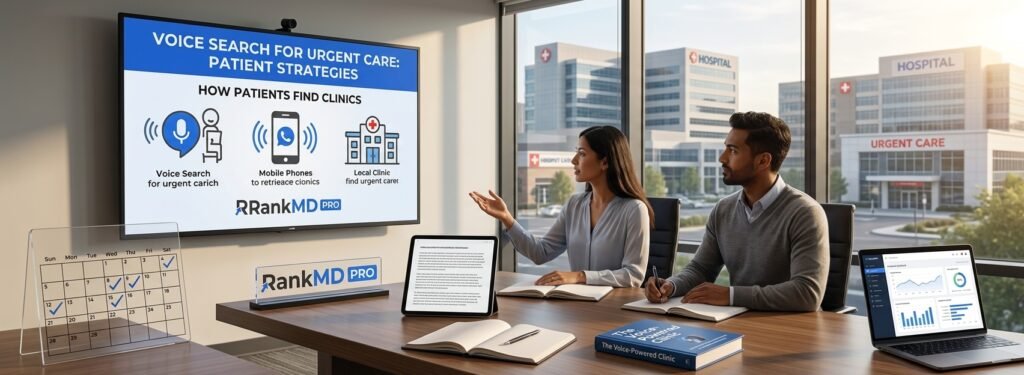 A modern conference room where a professional team presents voice search SEO strategies for urgent care clinics. The presentation screen features icons for voice search, mobile devices, and local clinics, contrasting rising medical trends against a 'HOSPITAL' and 'URGENT CARE' background. The 'RankMD PRO' logo is prominently featured on the screen and on a desk display, supporting the article 'Voice Search for Urgent Care: Patient Strategies'.