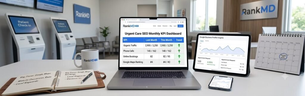 A wide-angle, modern photograph showing a desk setup. Center stage is a laptop displaying the 'RankMD Pro Urgent Care SEO Monthly KPI Dashboard' from the article, with columns for KPI, Last Month, This Month, and Trend arrows showing positive metrics. The 'RankMD Pro' logo is prominent on the webpage and also visible on a mug and branded wall signs in the background within a sleek, blurred urgent care clinic environment. Surrounding the laptop are supporting digital devices like a tablet and smartphone showing analytical insights, and physical items like an open notebook and desk calendar.