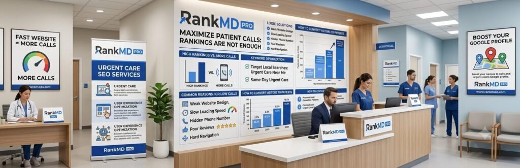 Healthcare professional reviewing Google search rankings and local SEO strategy to help an urgent care clinic generate more patient calls through urgent care SEO services.