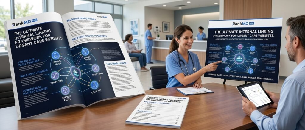 A realistic photograph of a professional marketing display in a medical lobby, featuring RankMD Pro manuals and presentation boards titled 'THE ULTIMATE INTERNAL LINKING FRAMEWORK FOR URGENT CARE WEBSITES.' A medical administrator and clinic owner are discussing an intricate network diagram illustrating topic clusters and service page connections.