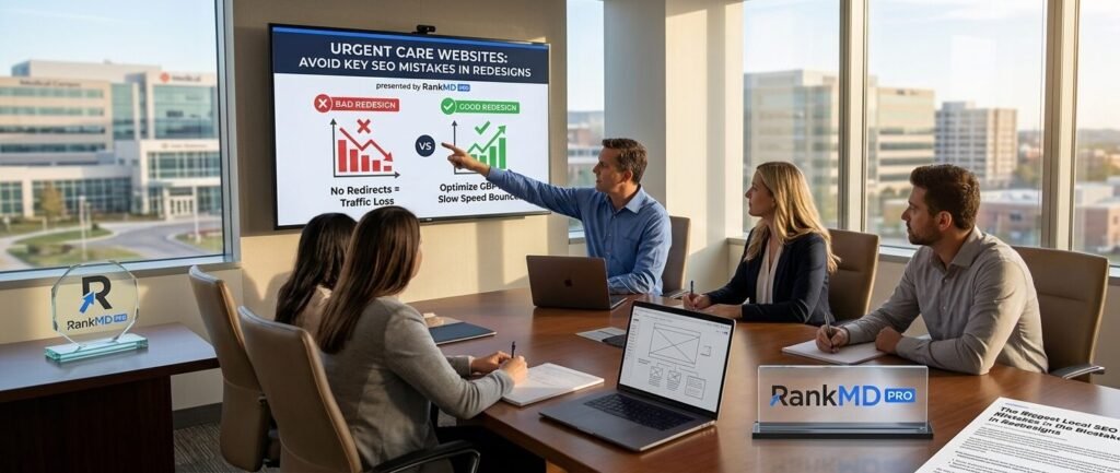 A professional marketing team reviewing urgent care website redesign mistakes and local SEO solutions on a digital presentation screen, featuring the RankMD Pro logo.