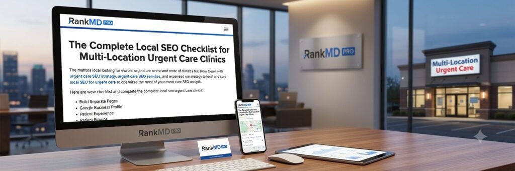 A desktop computer screen displays an article titled "The Complete Local SEO Checklist for Multi-Location Urgent Care Clinics" on the RankMD PRO website. The scene is a modern office desk at night with a smartphone, tablet, and a view of a city skyline and an urgent care clinic exterior.