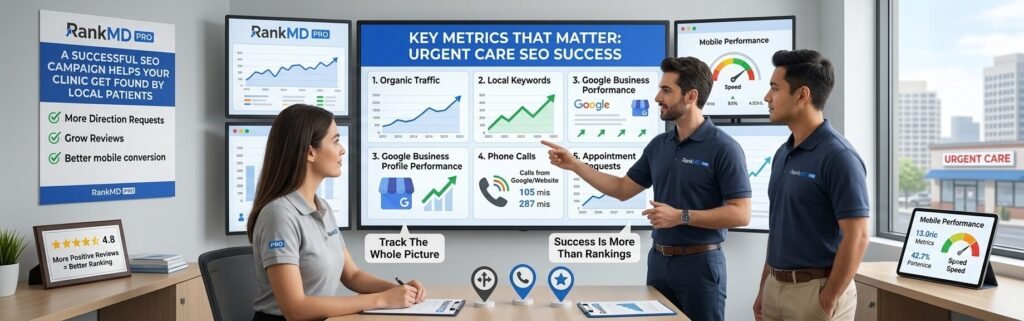 Key performance metrics for a successful urgent care SEO campaign, including local map rankings, organic traffic growth, patient call tracking, and online appointment conversions.